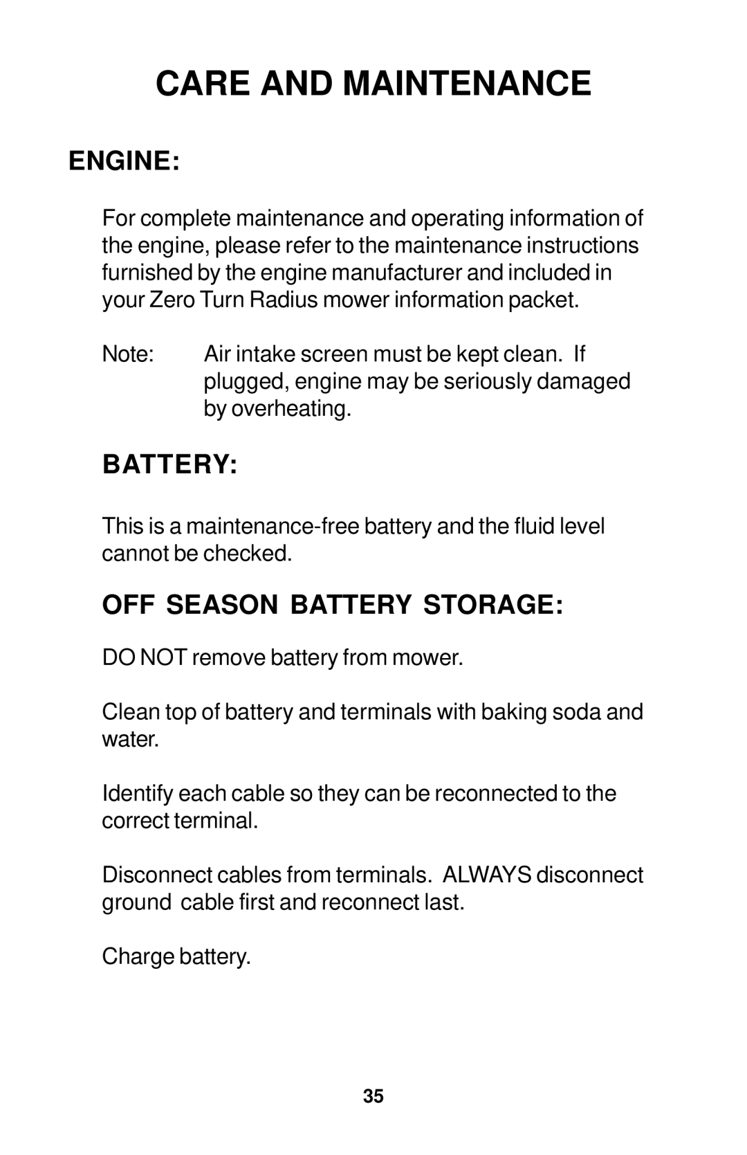 Dixon Operator's Manual electric lawn mower Grizzly 2005 manual Engine, OFF Season Battery Storage 