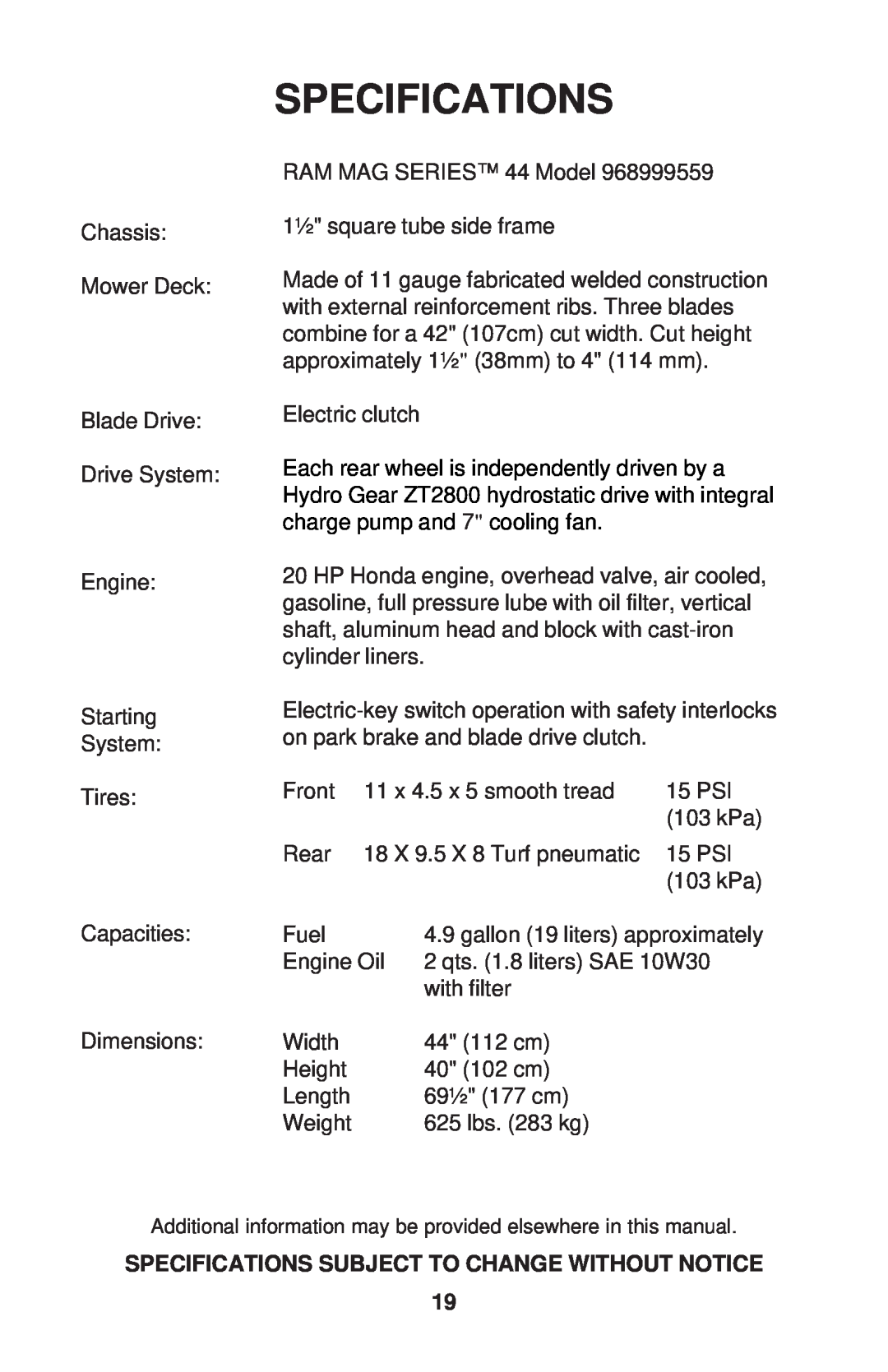 Dixon RAM 42, RAM 44, RAM 50, RAM 44 MAG, RAM 50 MAG manual Specifications 