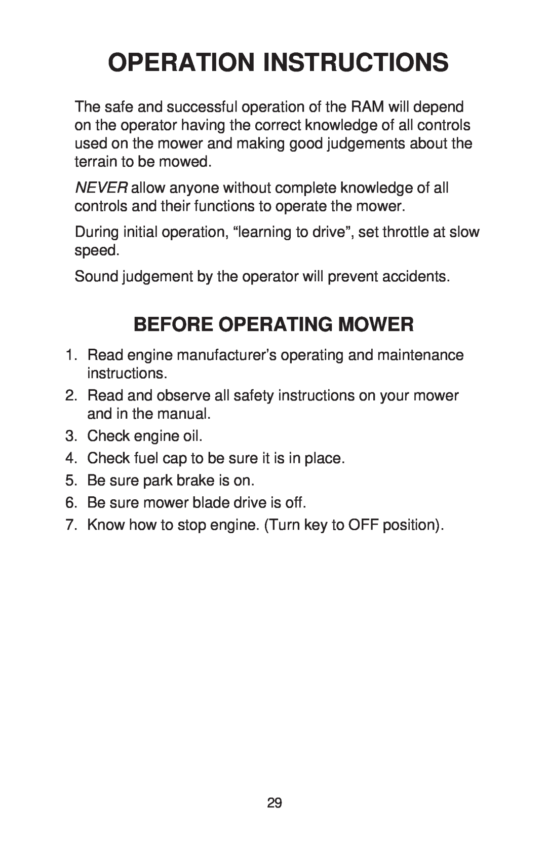Dixon RAM 44, BS, BS, HON, KOH, KAW, HON manual Before Operating Mower, Operation Instructions 