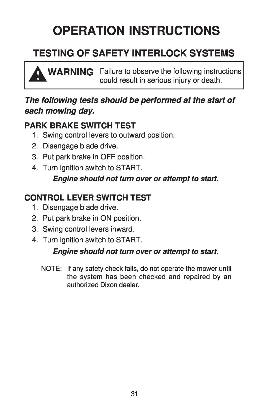 Dixon RAM 44, BS, BS, HON, KOH, KAW, HON manual Testing Of Safety Interlock Systems, Park Brake Switch Test 