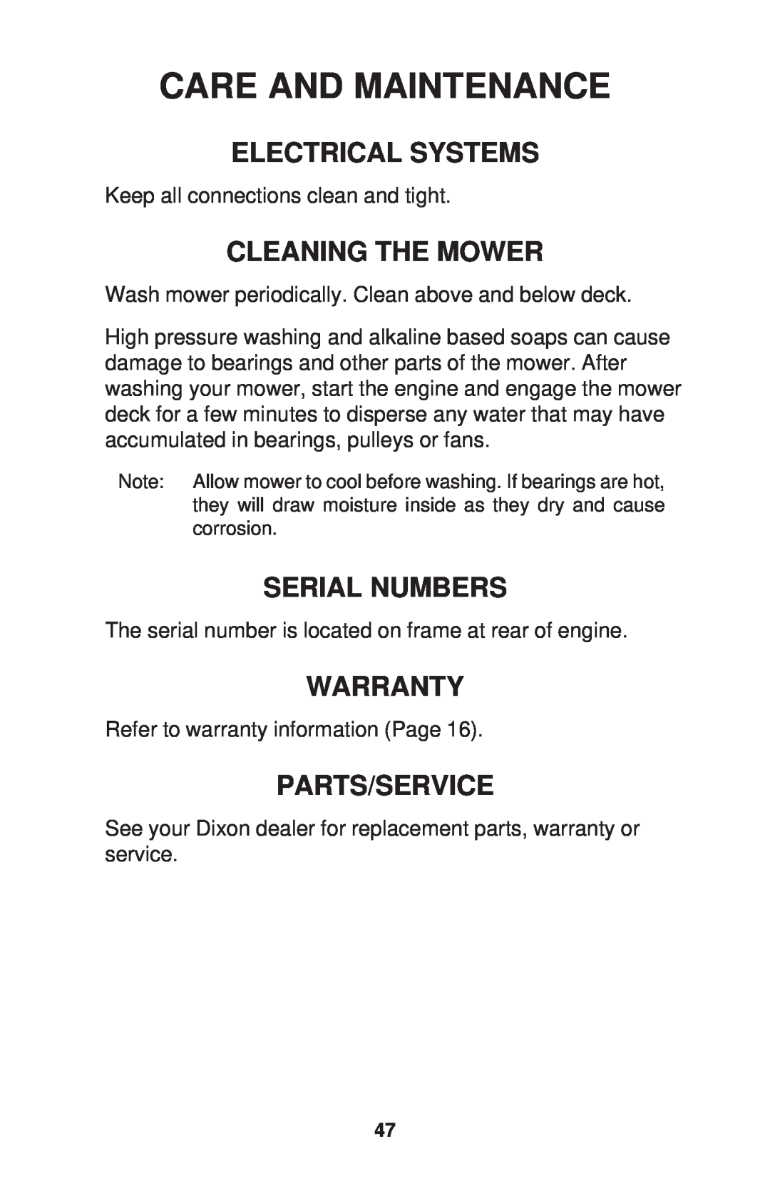 Dixon RAM 44, BS, BS, HON, KOH, KAW, HON Electrical Systems, Cleaning The Mower, Serial Numbers, Warranty, Parts/Service 