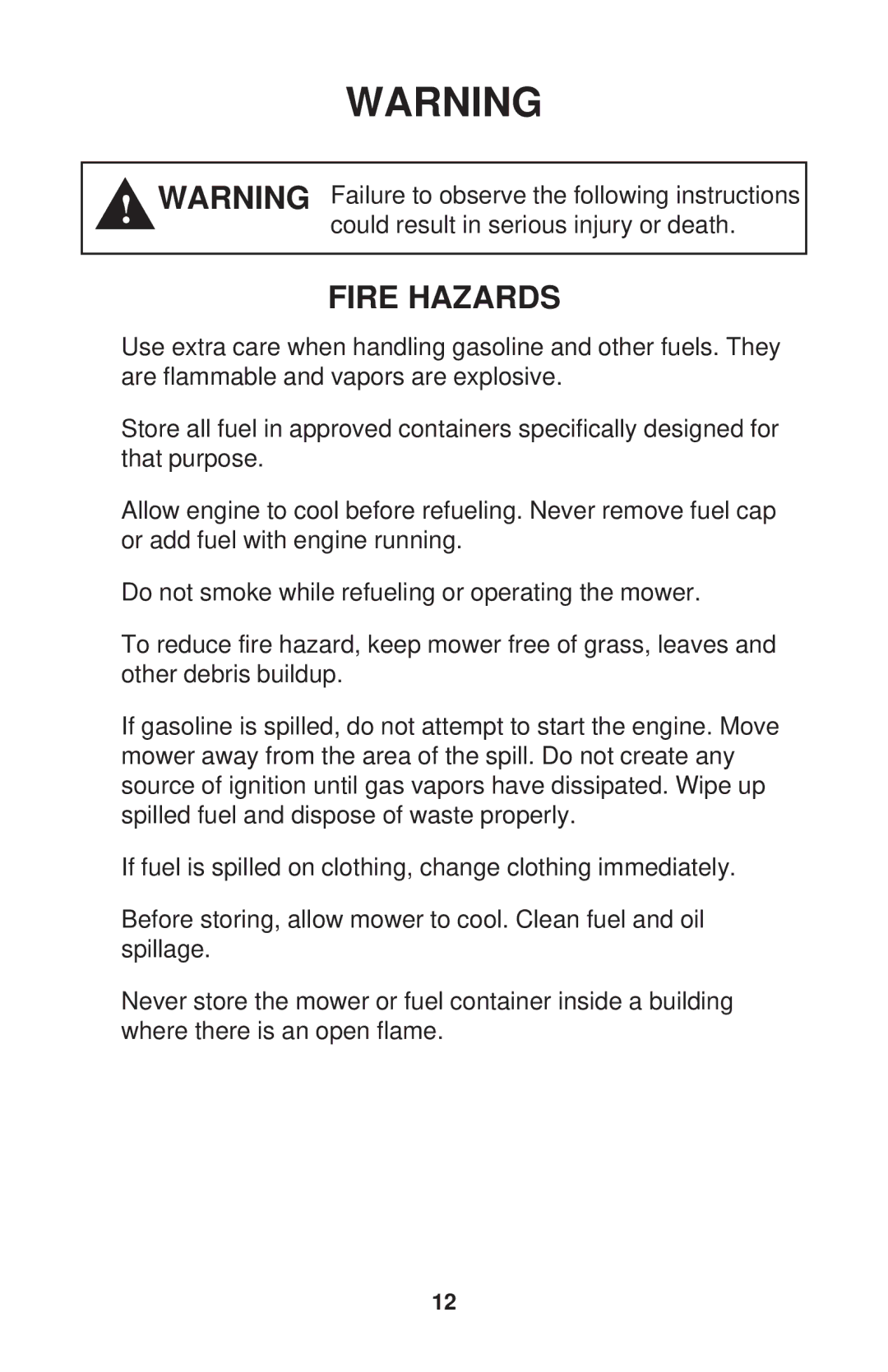 Dixon RAM 50 MAG KOH/968999563, RAM MAG 50, RAM 44, RAM MAG 44, KOH/968999560, HON/968999559, KAW /968999561 manual Fire Hazards 