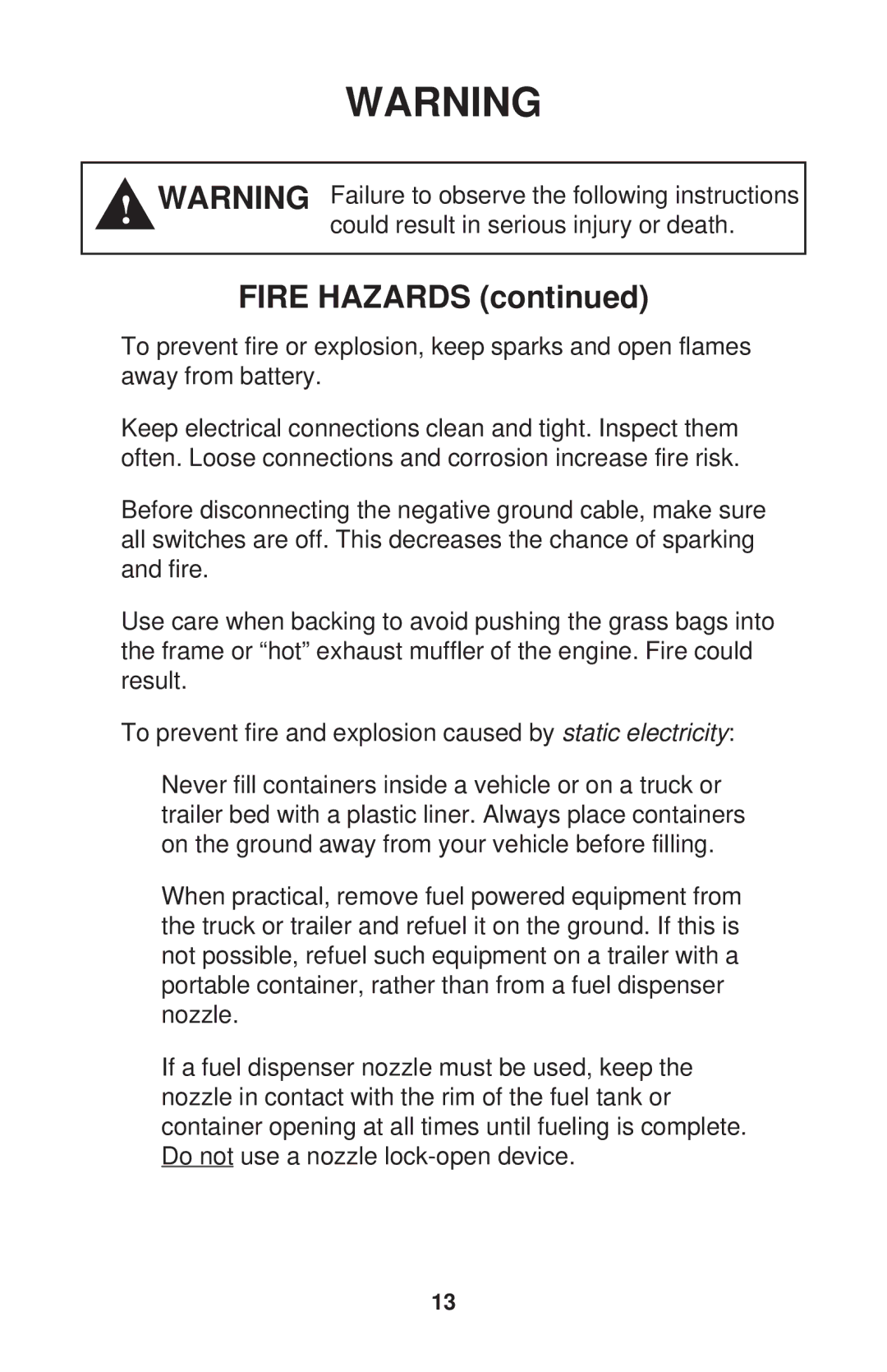 Dixon RAM MAG 50, RAM 50 MAG KOH/968999563, RAM 44, RAM MAG 44, KOH/968999560, HON/968999559, KAW /968999561 manual Fire Hazards 