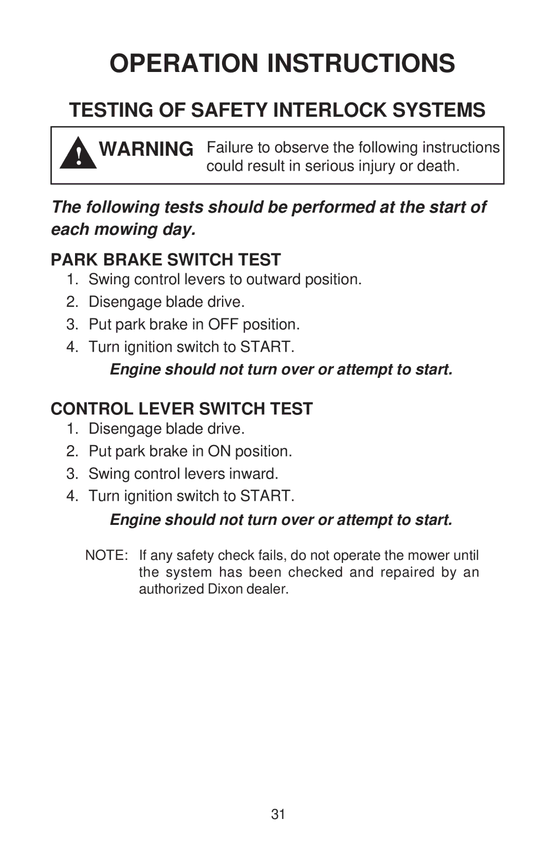 Dixon HON/968999559, RAM 50 MAG KOH/968999563, RAM MAG 50 manual Testing of Safety Interlock Systems, Park Brake Switch Test 