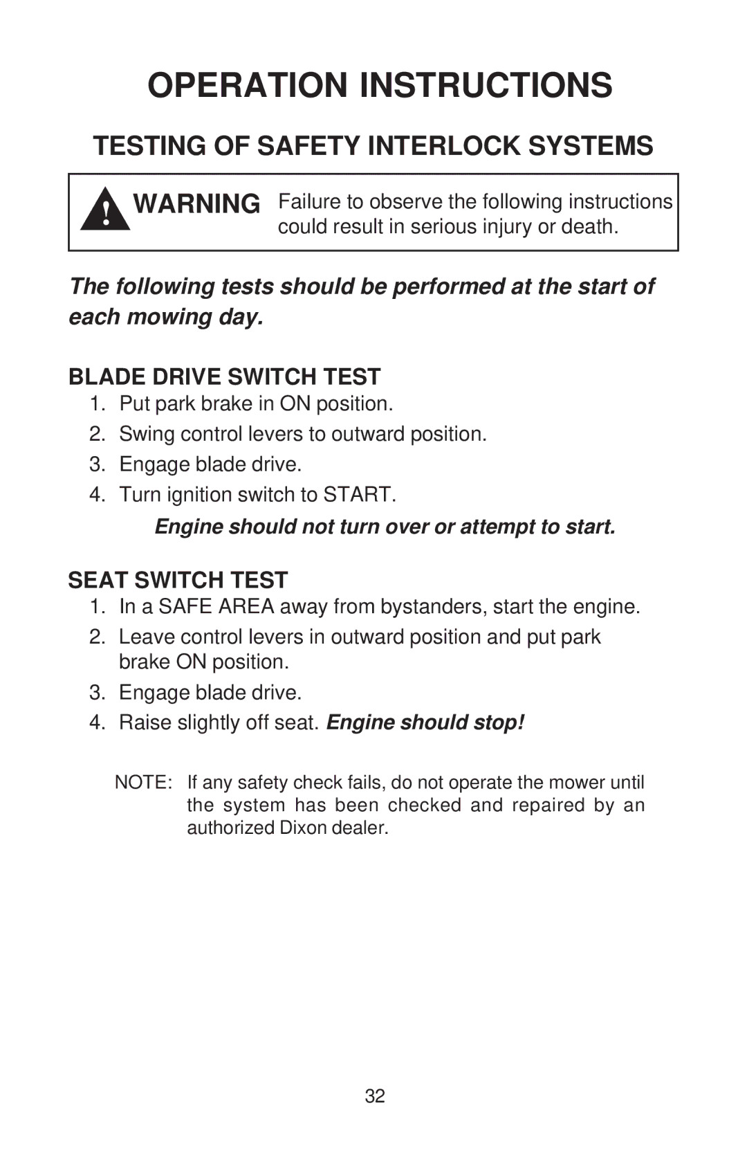 Dixon KAW /968999561, RAM 50 MAG KOH/968999563, RAM MAG 50, RAM 44, RAM MAG 44, KOH/968999560 manual Blade Drive Switch Test 