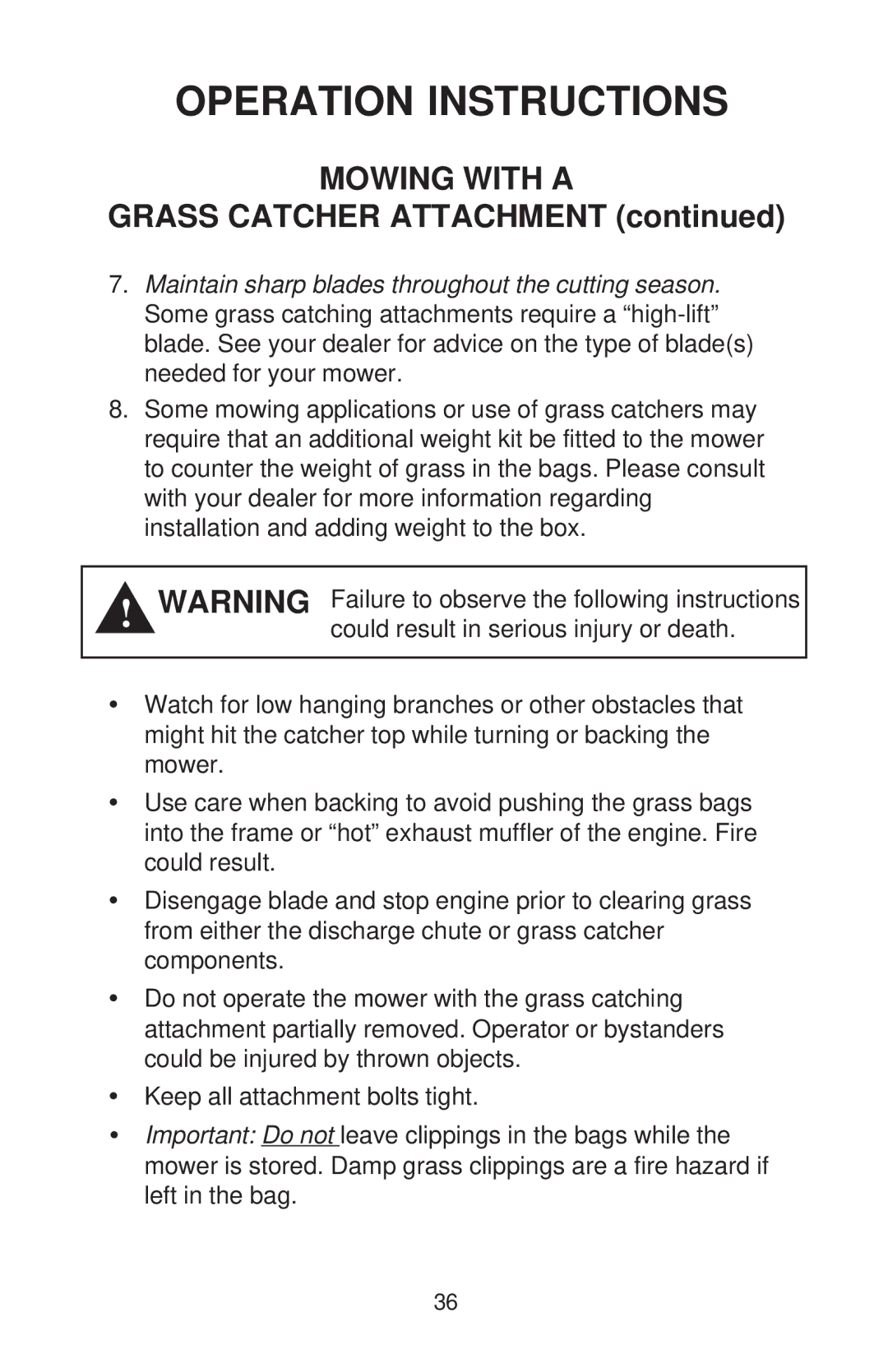 Dixon RAM 50 MAG KOH/968999563, RAM MAG 50, RAM 44, RAM MAG 44, KOH/968999560 manual Mowing with a, Grass Catcher Attachment 