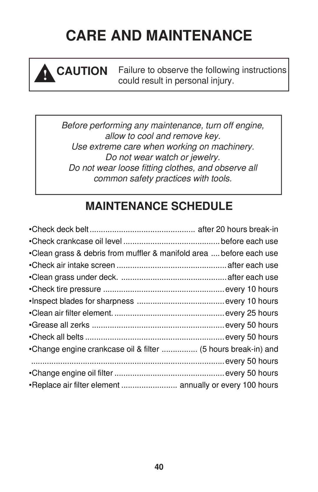 Dixon RAM 44, RAM 50 MAG KOH/968999563, RAM MAG 50, RAM MAG 44, KOH/968999560 manual Care and Maintenance, Maintenance Schedule 