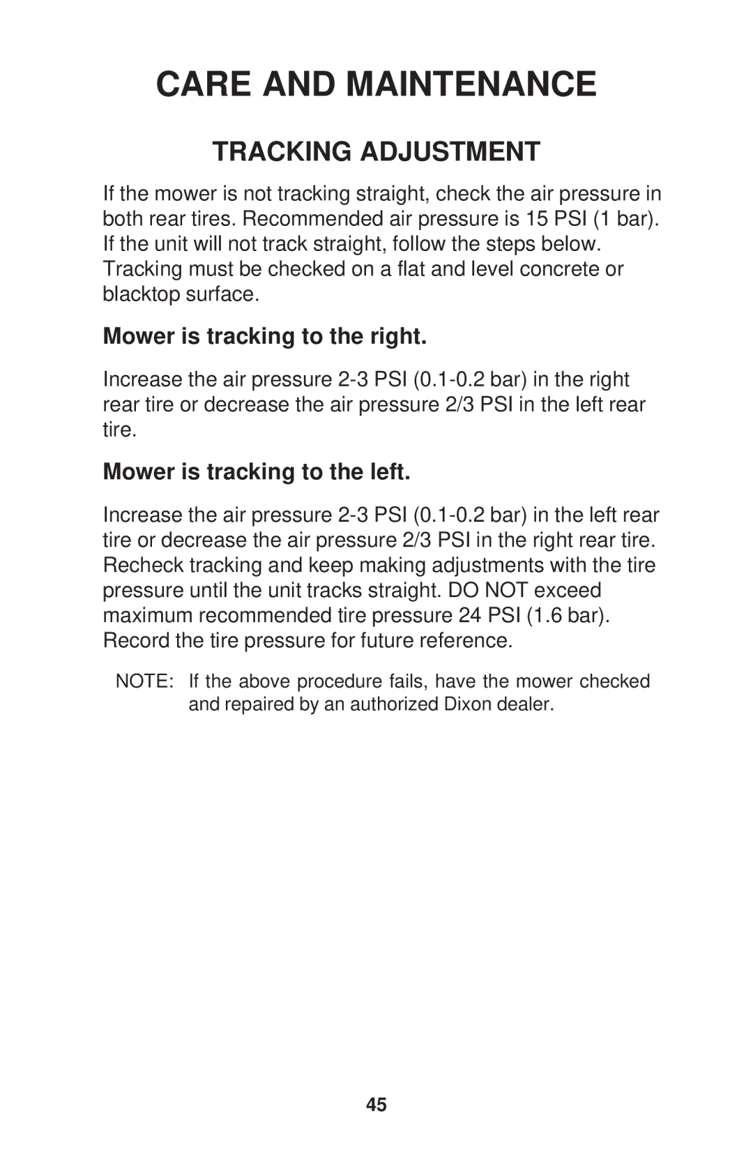 Dixon HON/968999562, RAM 50 MAG KOH/968999563, RAM MAG 50, RAM 44 manual Tracking Adjustment, Mower is tracking to the right 