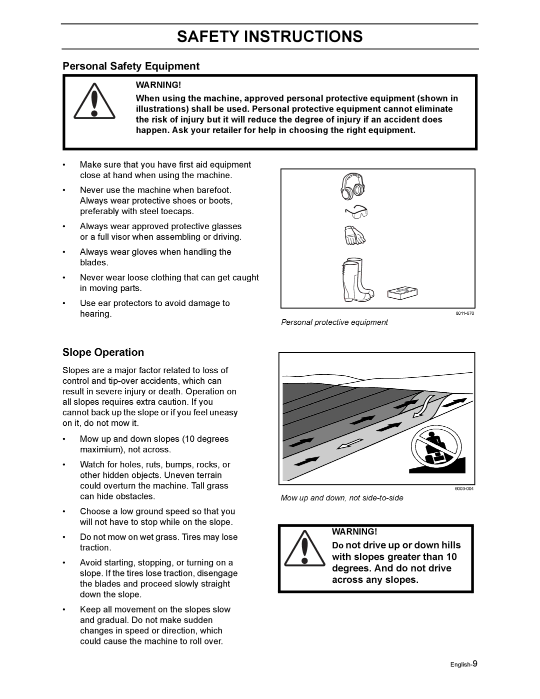 Dixon RAM MAG 44 / 968999559, RAM MAG 50 / 968999651, RAM 44 / 968999551 manual Personal Safety Equipment, Slope Operation 