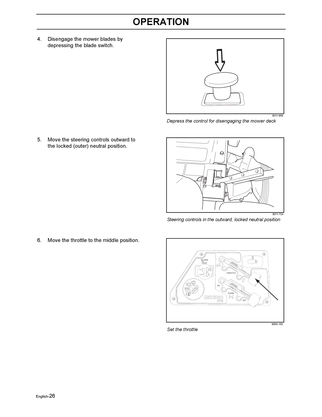 Dixon RAM MAG 50 / 968999651, RAM 44 / 968999551, RAM MAG 44 / 968999650 Depress the control for disengaging the mower deck 