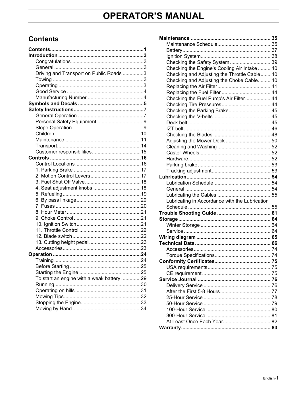 Dixon RAM MAG 50 / 968999562, RAM MAG 50 / 968999651, RAM 44 / 968999551, RAM MAG 44 / 968999650 OPERATOR’S Manual, Contents 