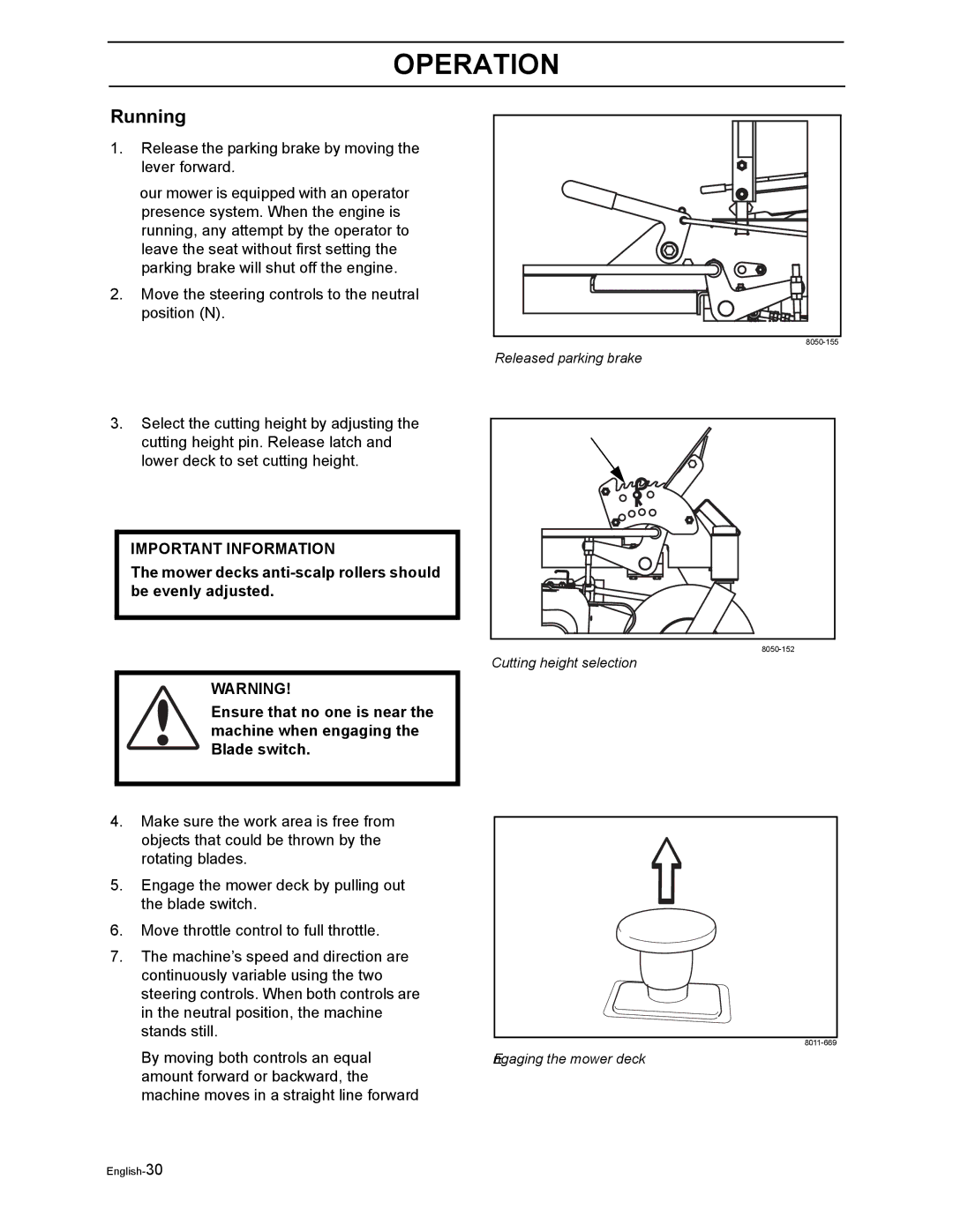 Dixon RAM MAG 44 / 968999559, RAM MAG 50 / 968999651 Running, Mower deck’s anti-scalp rollers should be evenly adjusted 