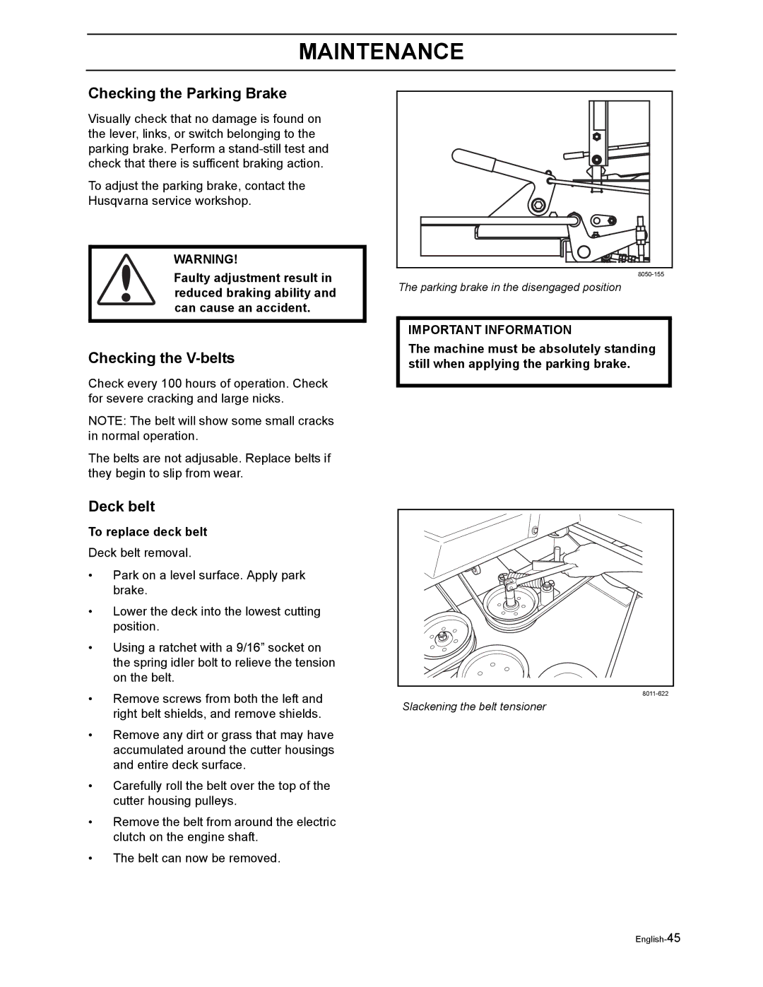 Dixon RAM MAG 50 / 968999561 manual Checking the Parking Brake, Checking the V-belts, Deck belt, To replace deck belt 