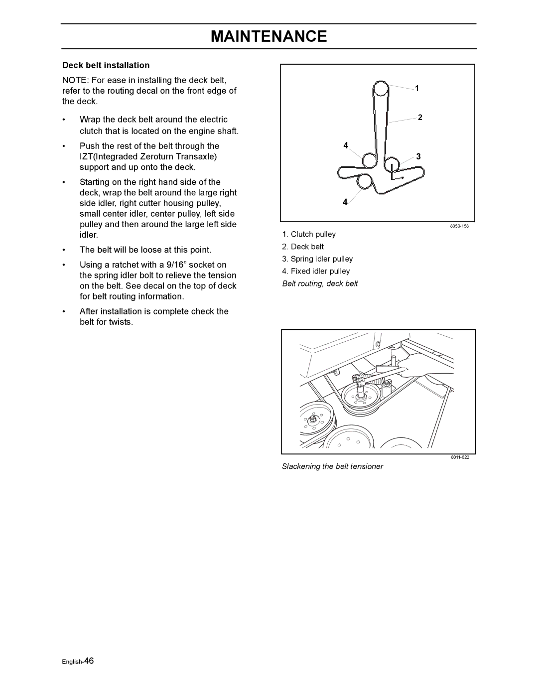 Dixon RAM 50 / 968999552, RAM MAG 50 / 968999651, RAM 44 / 968999551, RAM MAG 44 / 968999650 manual Deck belt installation 