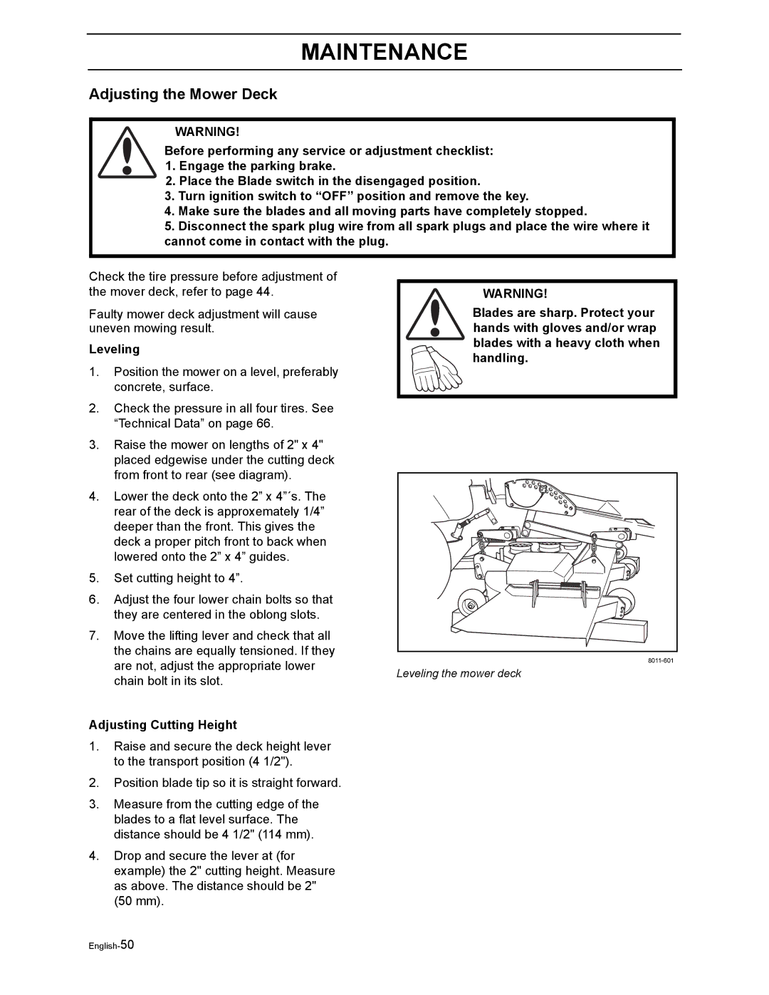 Dixon RAM MAG 50 / 968999562, RAM MAG 50 / 968999651 manual Adjusting the Mower Deck, Leveling, Adjusting Cutting Height 