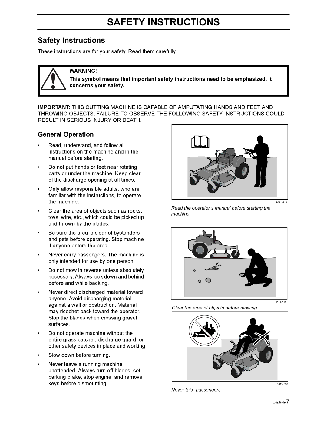 Dixon RAM MAG 44 / 968999650, RAM MAG 50 / 968999651, RAM 44 / 968999551 manual Safety Instructions, General Operation 