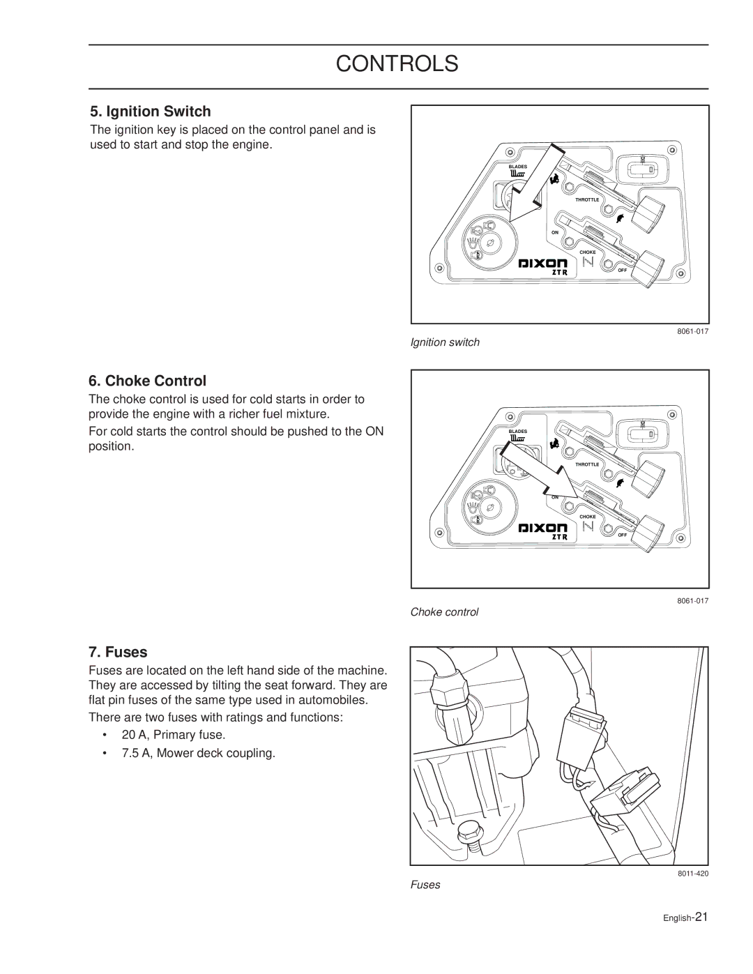 Dixon RAM XS7227 / 968999724, RAM XS5025BF / 968999725, RAM XS6025 / 968999723 manual Ignition Switch, Choke Control, Fuses 