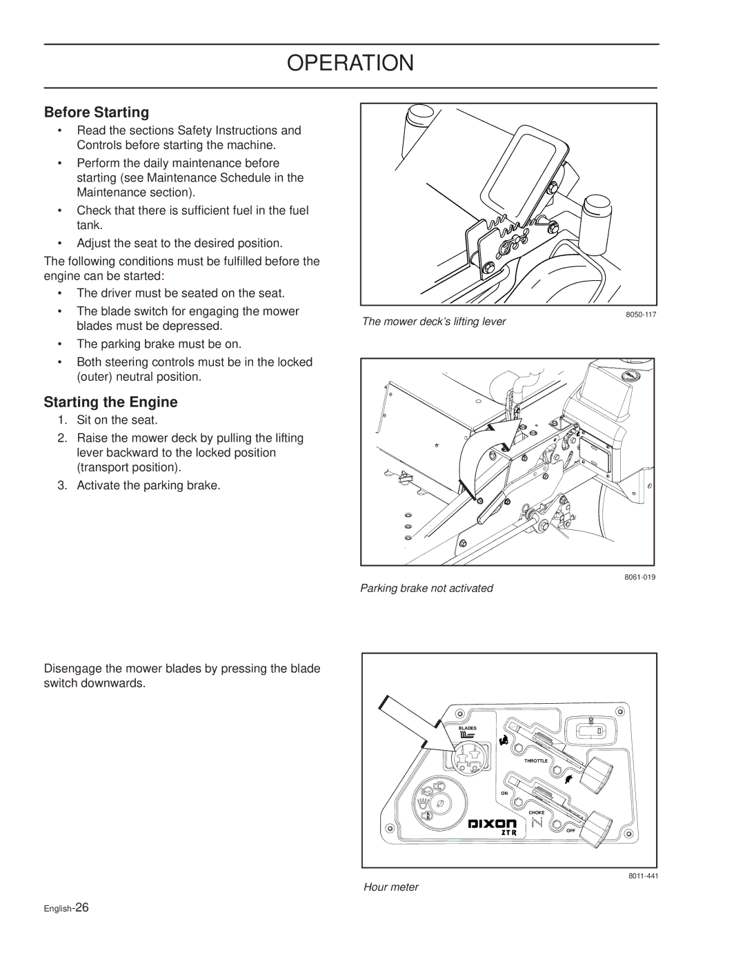 Dixon RAM XS7227 / 968999724, RAM XS5025BF / 968999725, RAM XS6025 / 968999723 manual Before Starting, Starting the Engine 