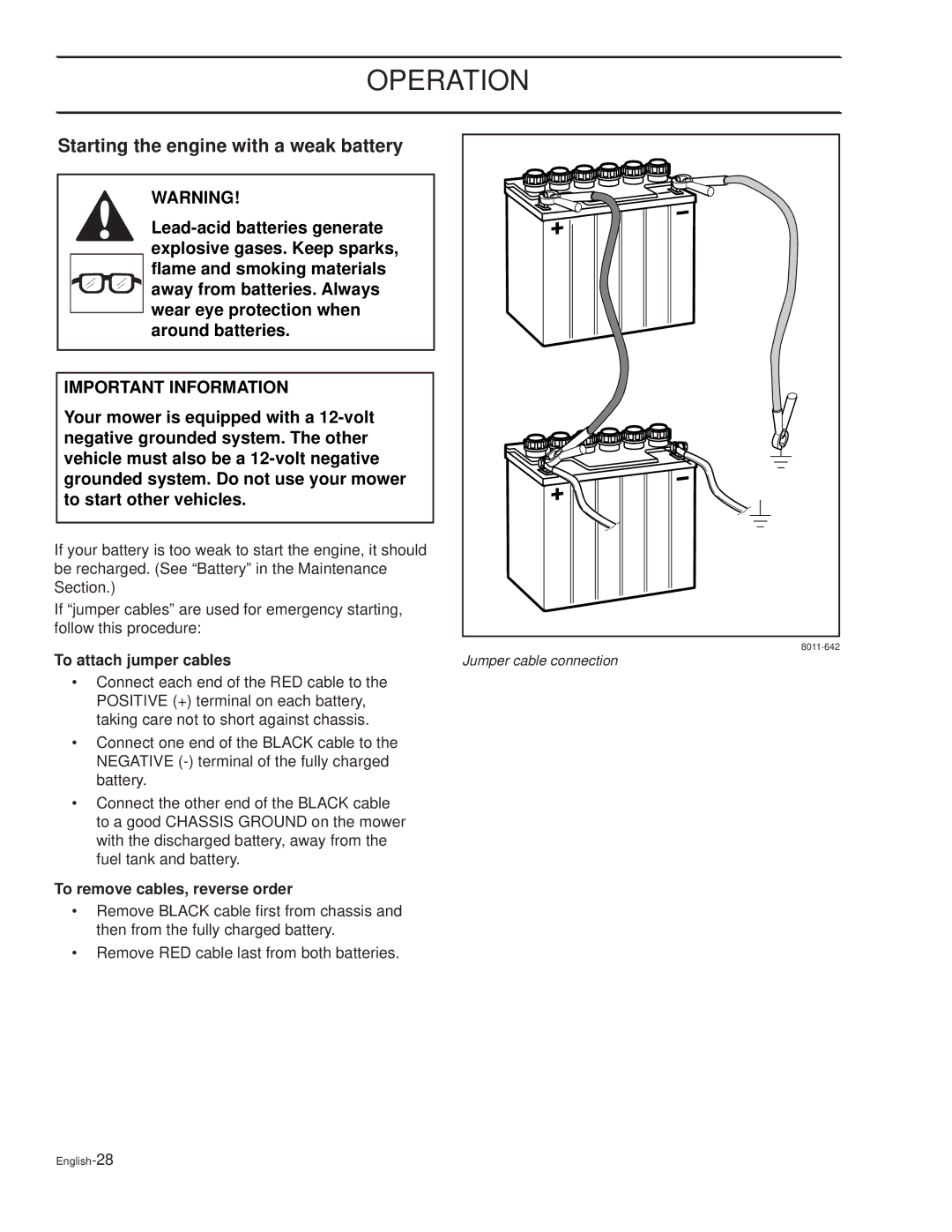 Dixon RAM XS6025BF / 968999726 manual Starting the engine with a weak battery, To remove cables, reverse order 