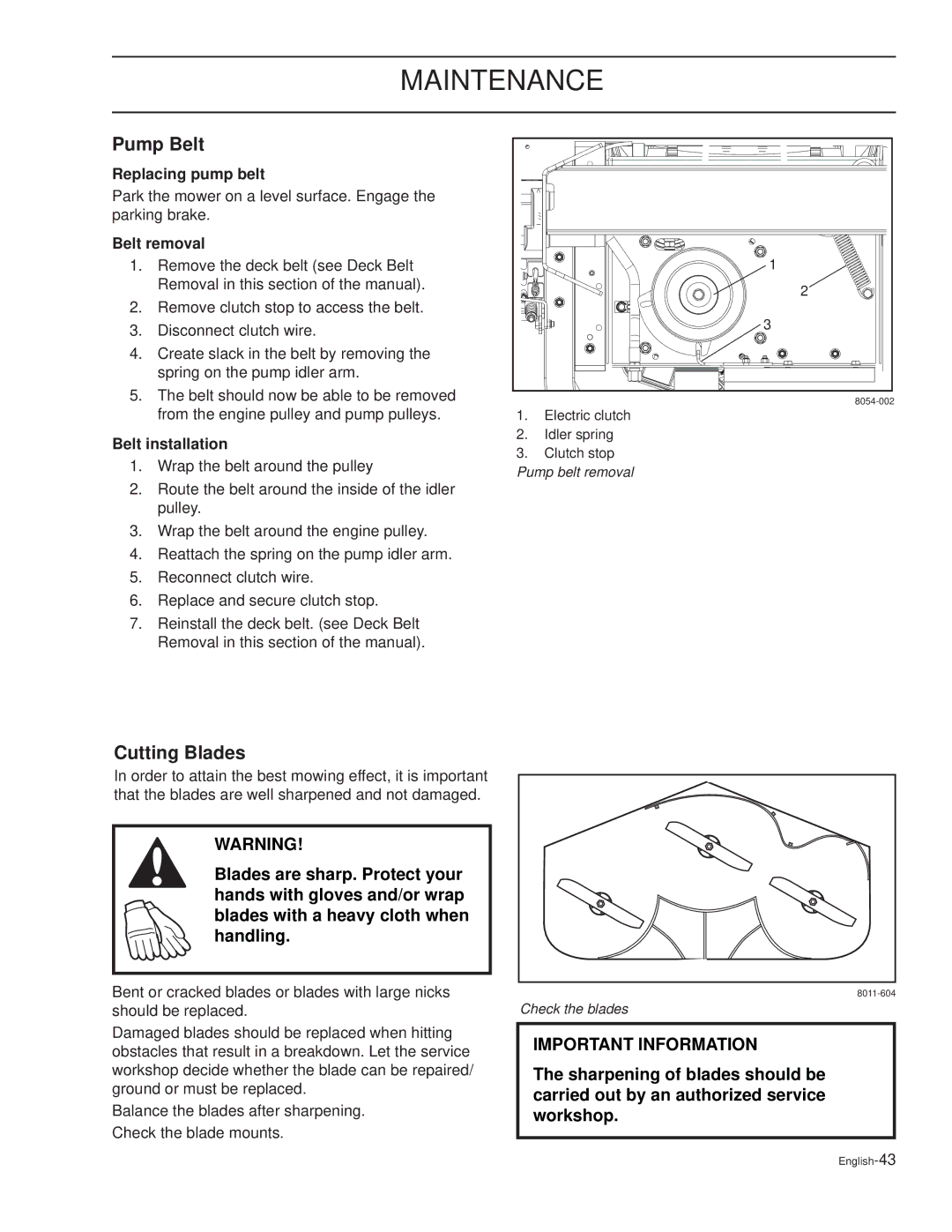 Dixon RAM XS6025BF / 968999726 manual Pump Belt, Cutting Blades, Replacing pump belt, Belt removal, Belt installation 