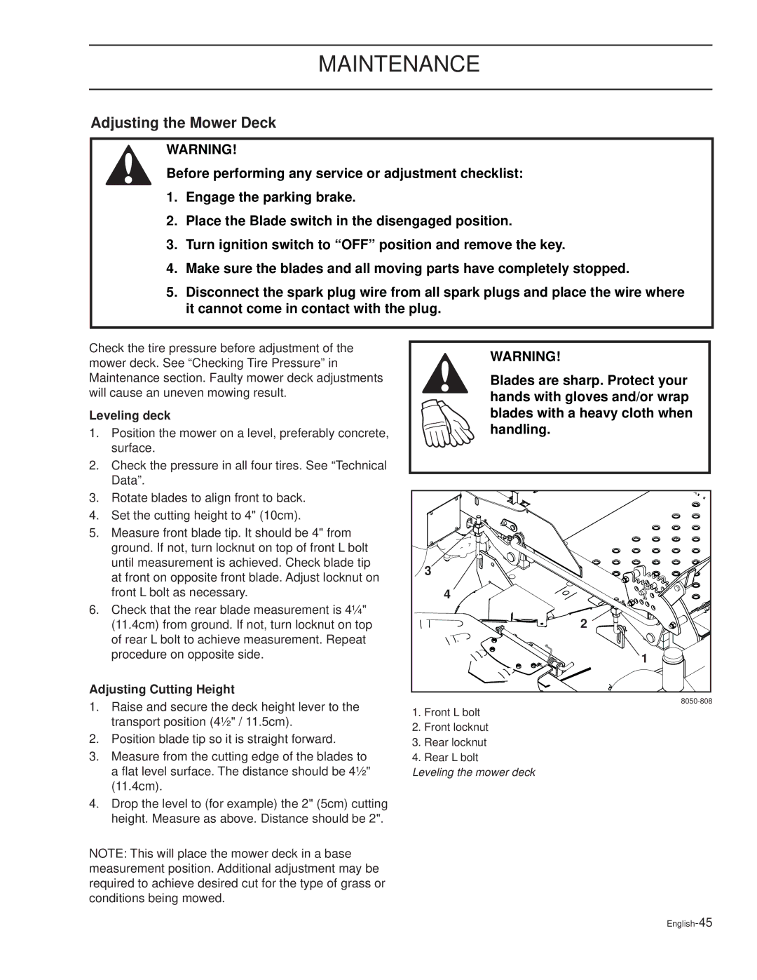 Dixon RAM XS5025BF / 968999725, RAM XS7227 / 968999724 Adjusting the Mower Deck, Leveling deck, Adjusting Cutting Height 