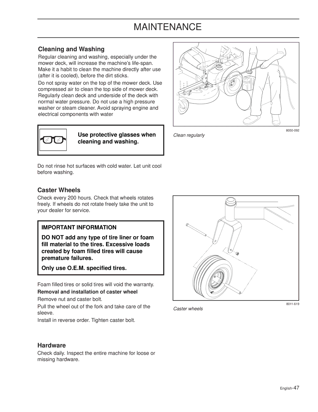 Dixon RAM XS6025 / 968999723 manual Cleaning and Washing, Caster Wheels, Hardware, Removal and installation of caster wheel 