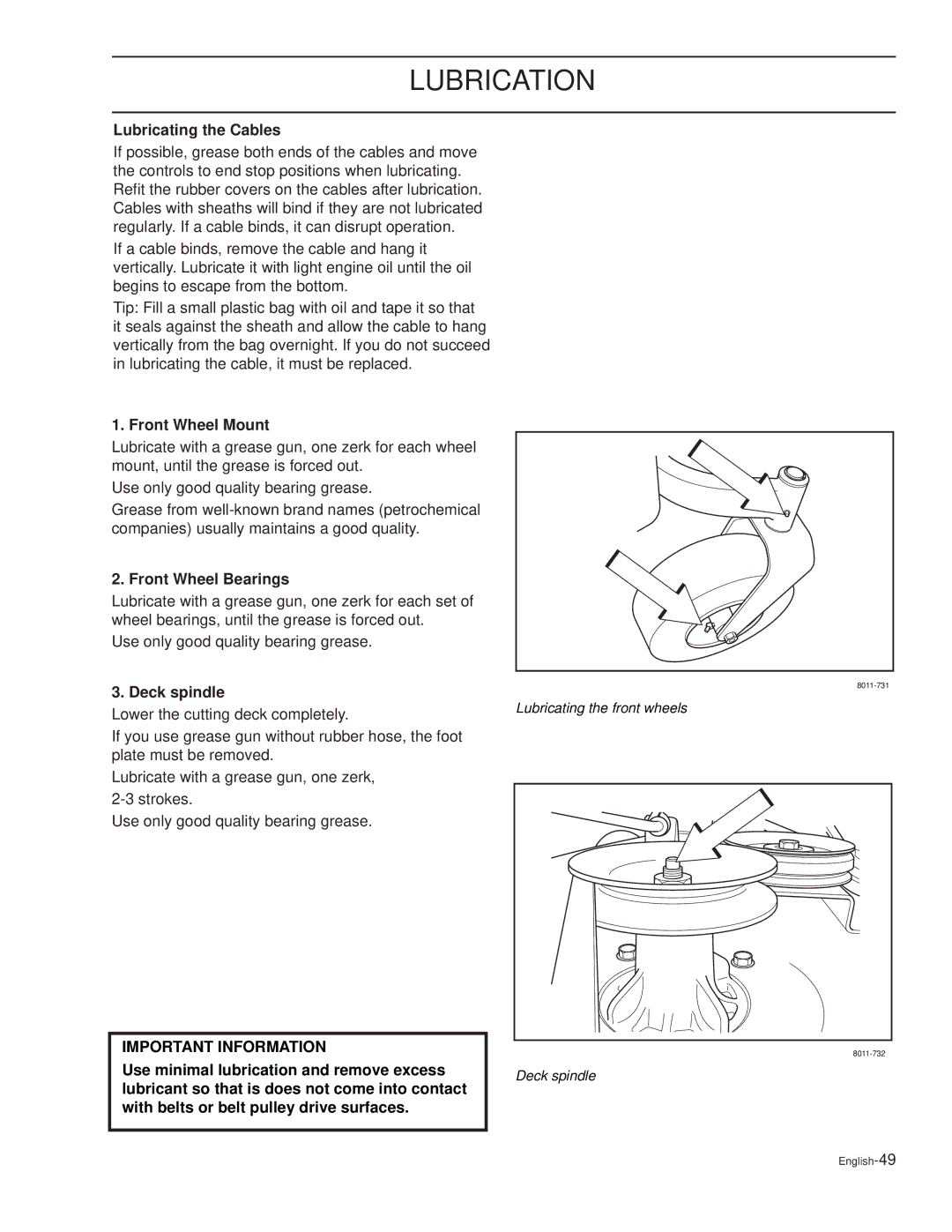 Dixon RAM XS5025 / 968999722 manual Lubricating the Cables, Front Wheel Mount, Front Wheel Bearings, Deck spindle 