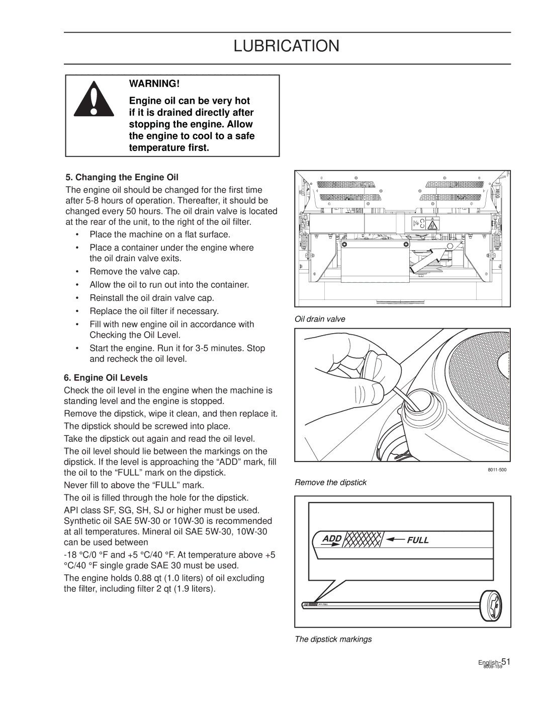 Dixon RAM XS7227 / 968999724, RAM XS5025BF / 968999725, RAM XS6025 / 968999723 Changing the Engine Oil, Engine Oil Levels 