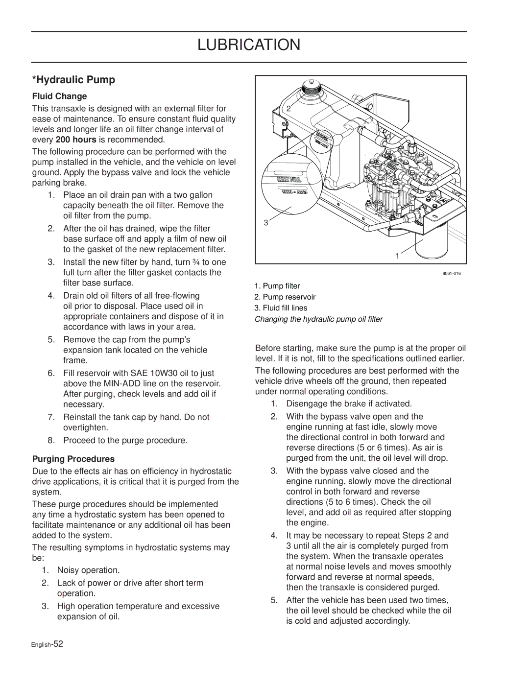 Dixon RAM XS6025 / 968999723, RAM XS5025BF / 968999725 manual Hydraulic Pump, Fluid Change, Purging Procedures 