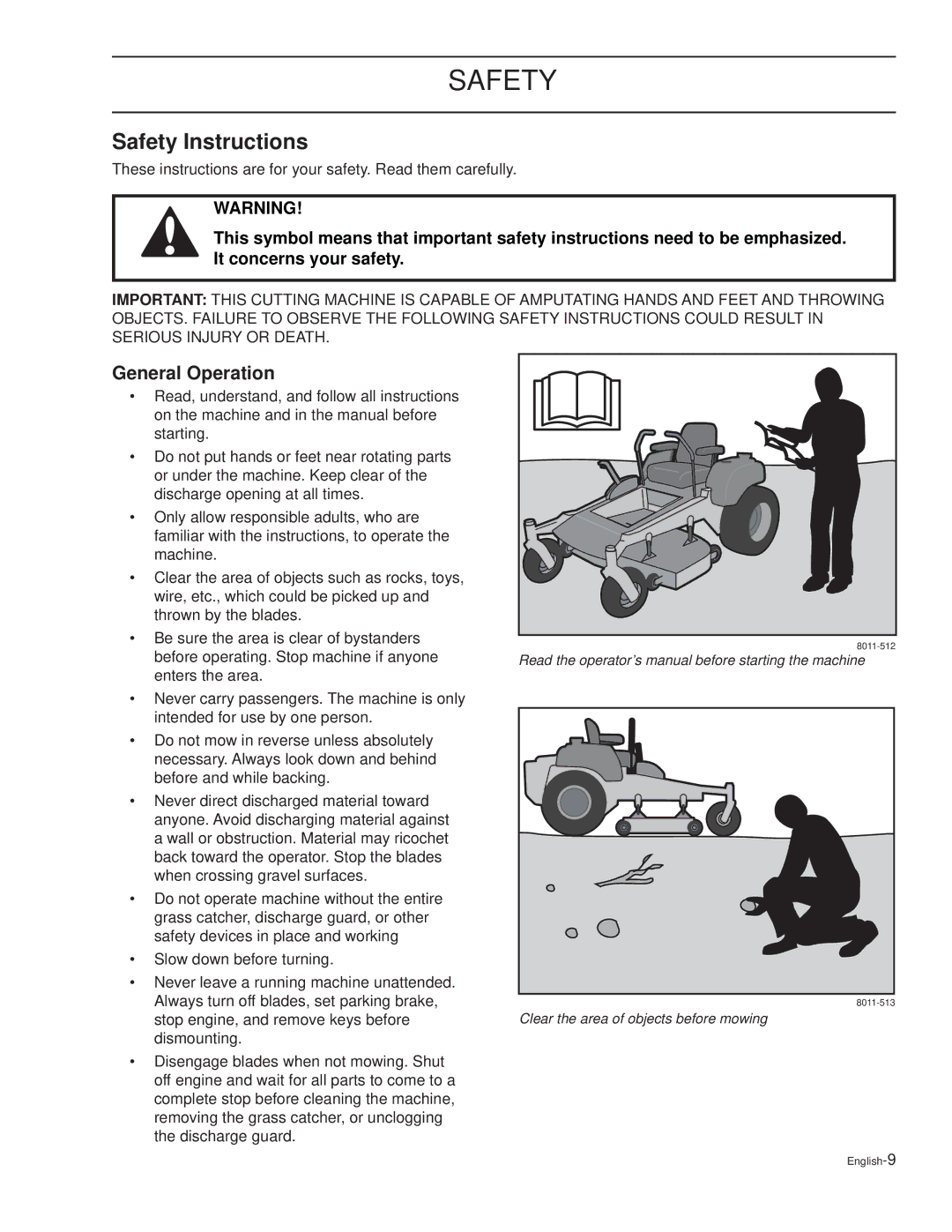 Dixon RAM XS5025 / 968999722, RAM XS5025BF / 968999725, RAM XS7227 / 968999724 manual Safety, General Operation 