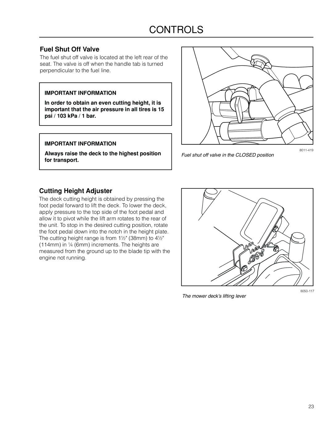 Dixon 966057501 Fuel Shut Off Valve, Cutting Height Adjuster, Always raise the deck to the highest position for transport 