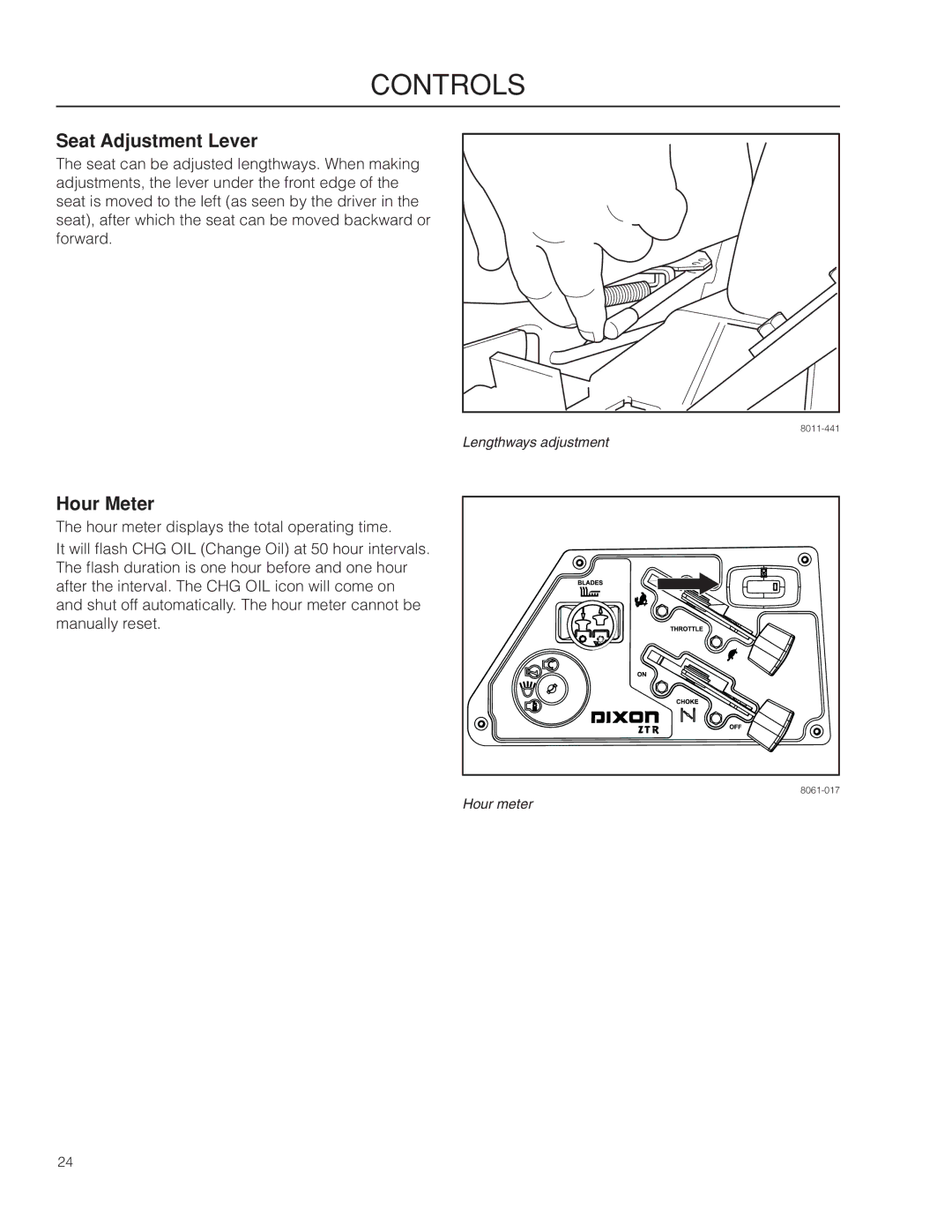 Dixon SE 5225 KOH CE, 966057501 manual Seat Adjustment Lever, Hour Meter 