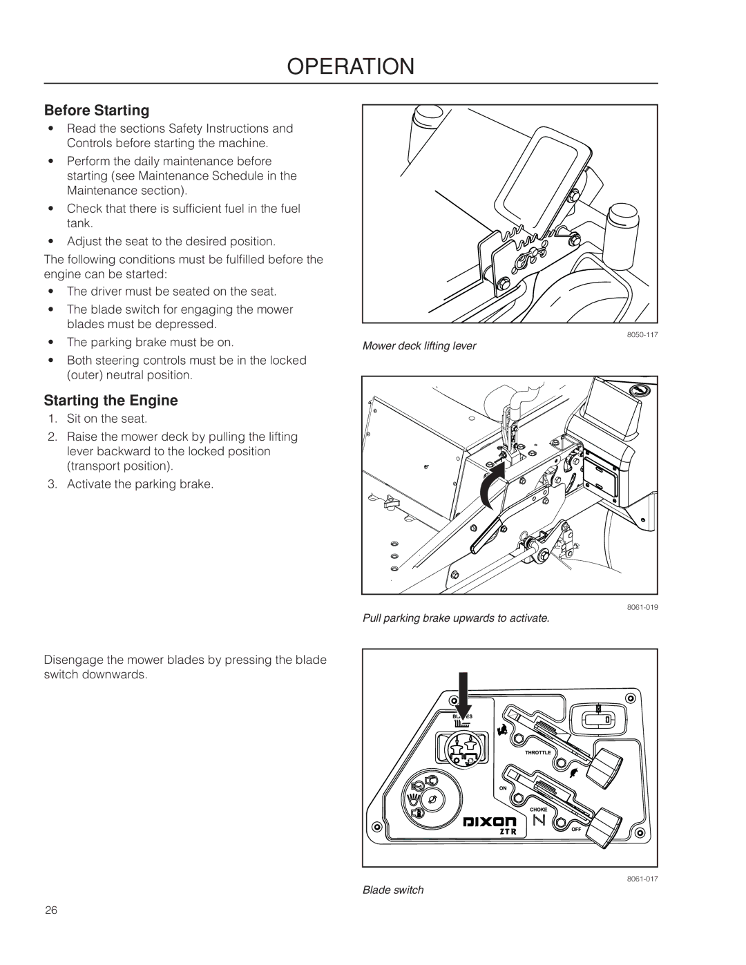 Dixon SE 5225 KOH CE, 966057501 manual Before Starting, Starting the Engine 