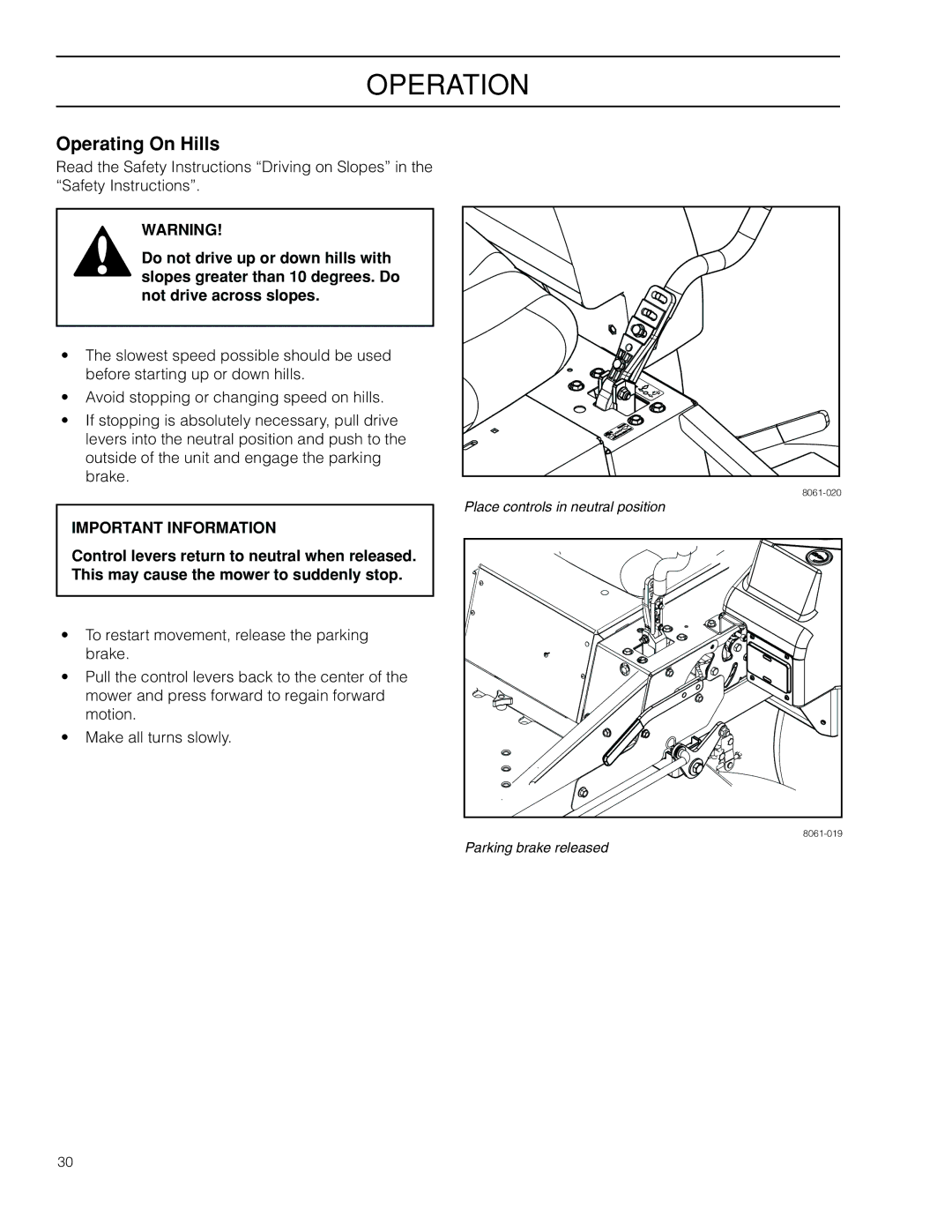 Dixon SE 5225 KOH CE, 966057501 manual Operating On Hills 