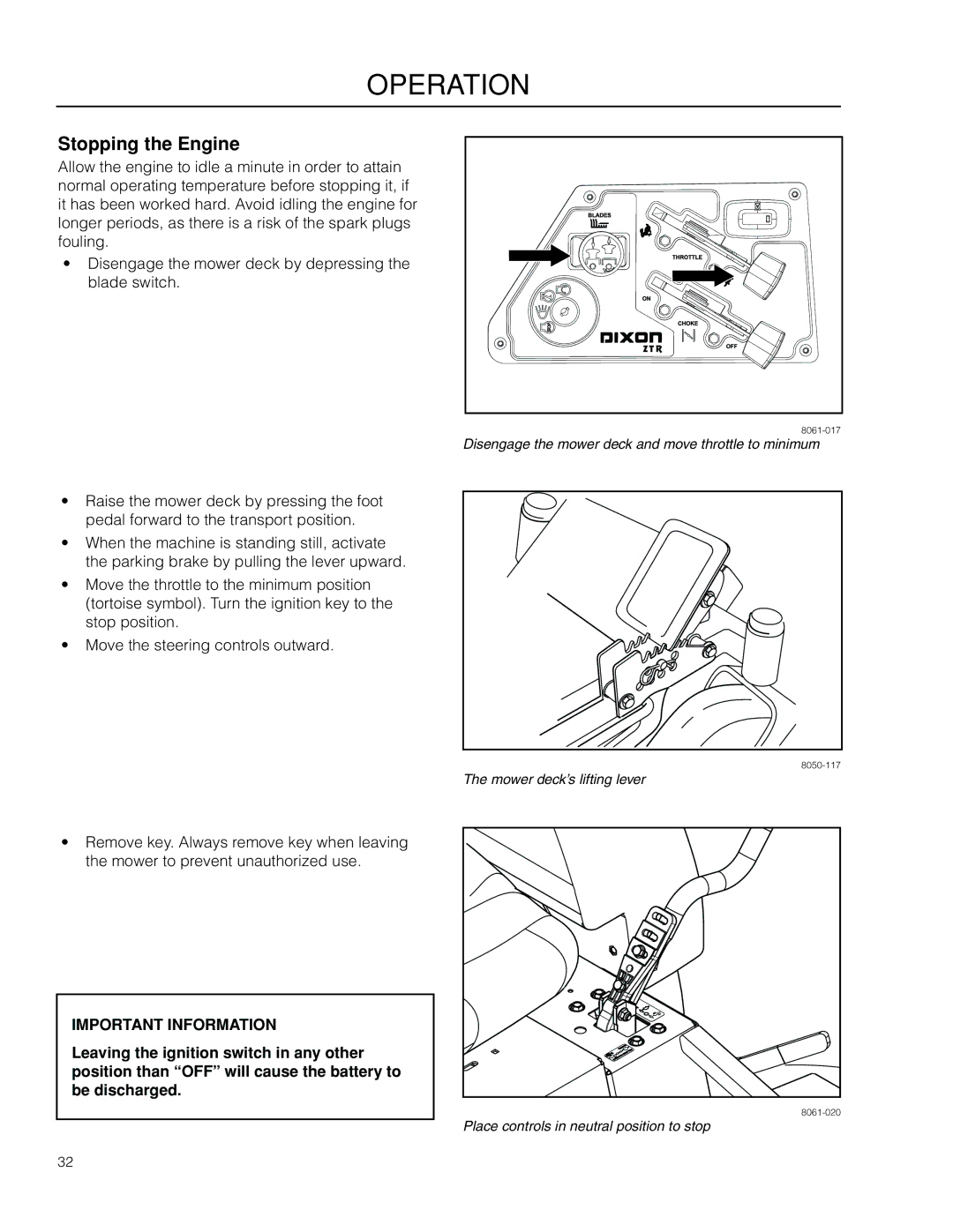 Dixon SE 5225 KOH CE, 966057501 manual Stopping the Engine 