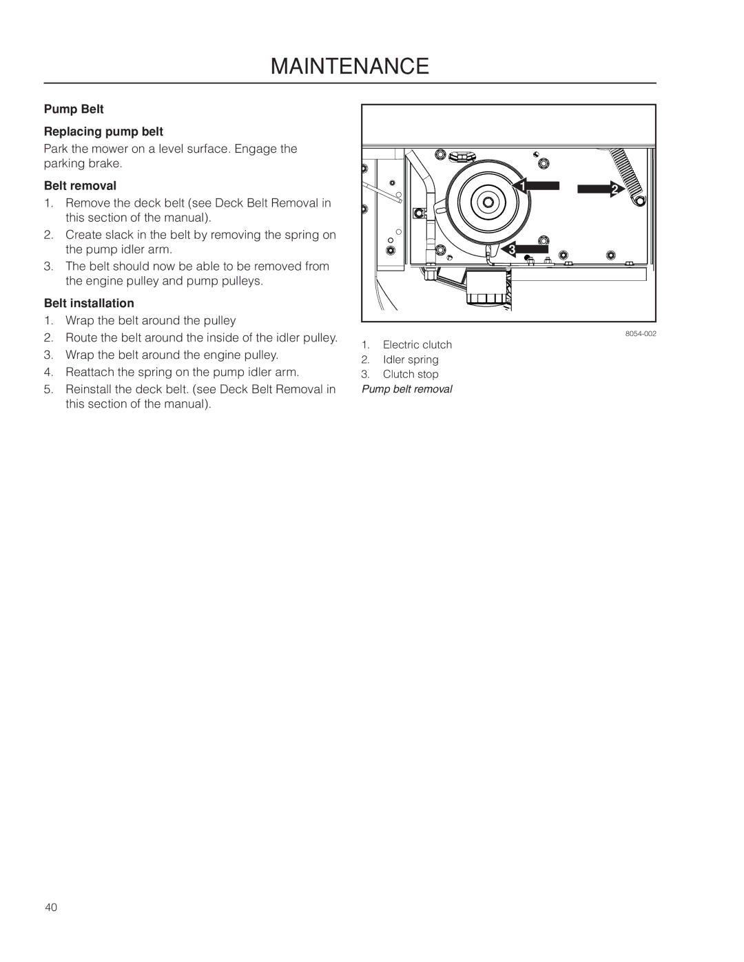 Dixon SE 5225 KOH CE, 966057501 manual Pump Belt Replacing pump belt, Belt removal, Belt installation 