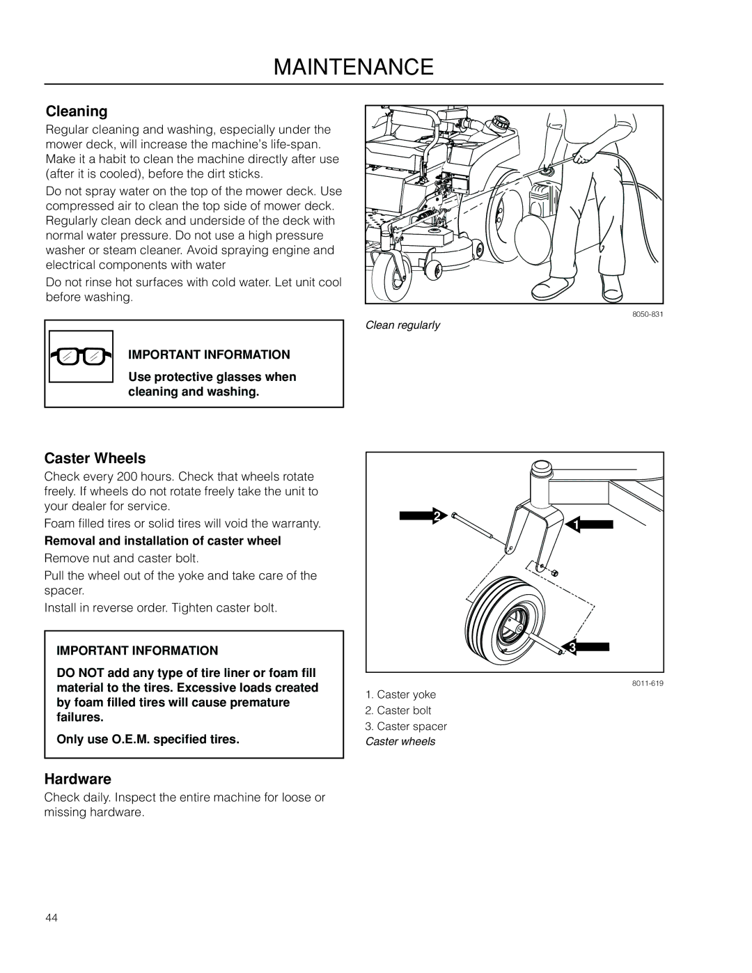 Dixon SE 5225 KOH CE, 966057501 manual Cleaning, Caster Wheels, Hardware, Use protective glasses when cleaning and washing 