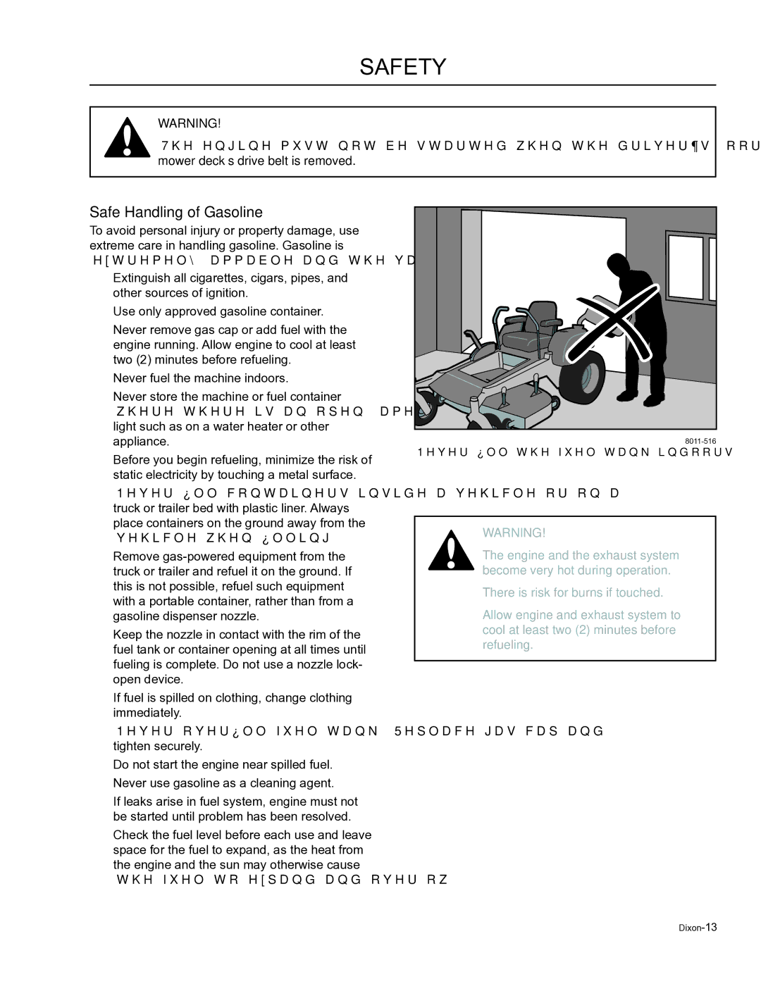 Dixon 965884701, SE 6125 KOH BF, SE 5223 VAN BF, 965884601, 965871801, 965871802 manual Safe Handling of Gasoline 