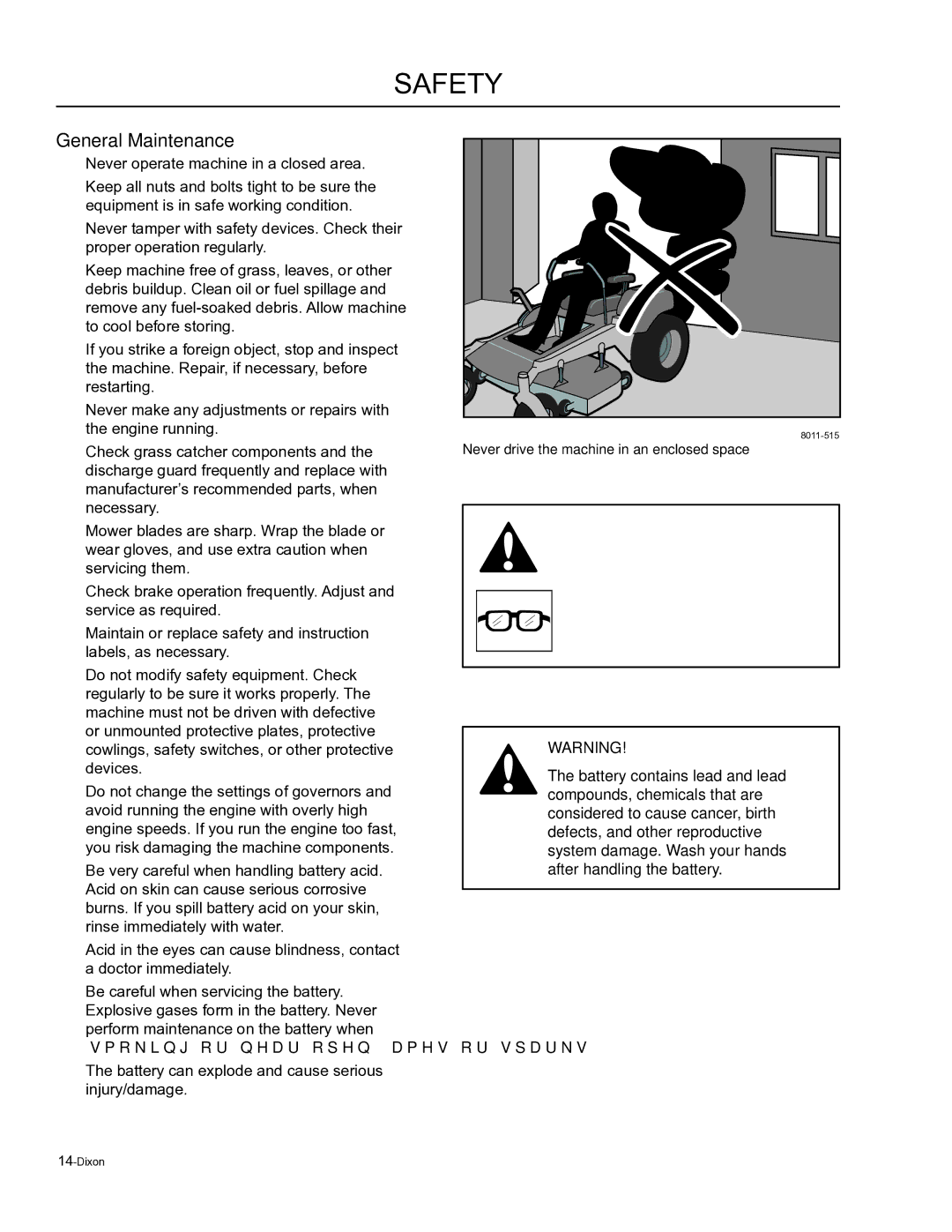 Dixon 965871801, SE 6125 KOH BF, SE 5223 VAN BF, 965884601, 965884701, 965871802 manual General Maintenance 