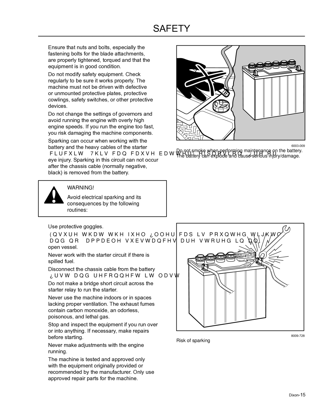 Dixon 965871802, SE 6125 KOH BF, SE 5223 VAN BF, 965884601, 965884701, 965871801 manual Risk of sparking 