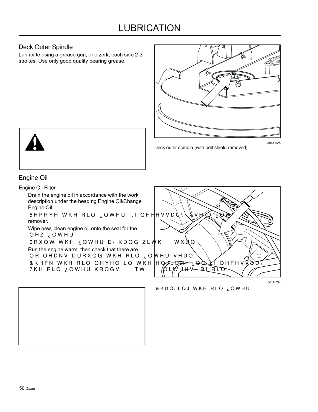 Dixon SE 6125 KOH BF, SE 5223 VAN BF, 965884601, 965884701, 965871801, 965871802 Deck Outer Spindle, Engine Oil Filter 