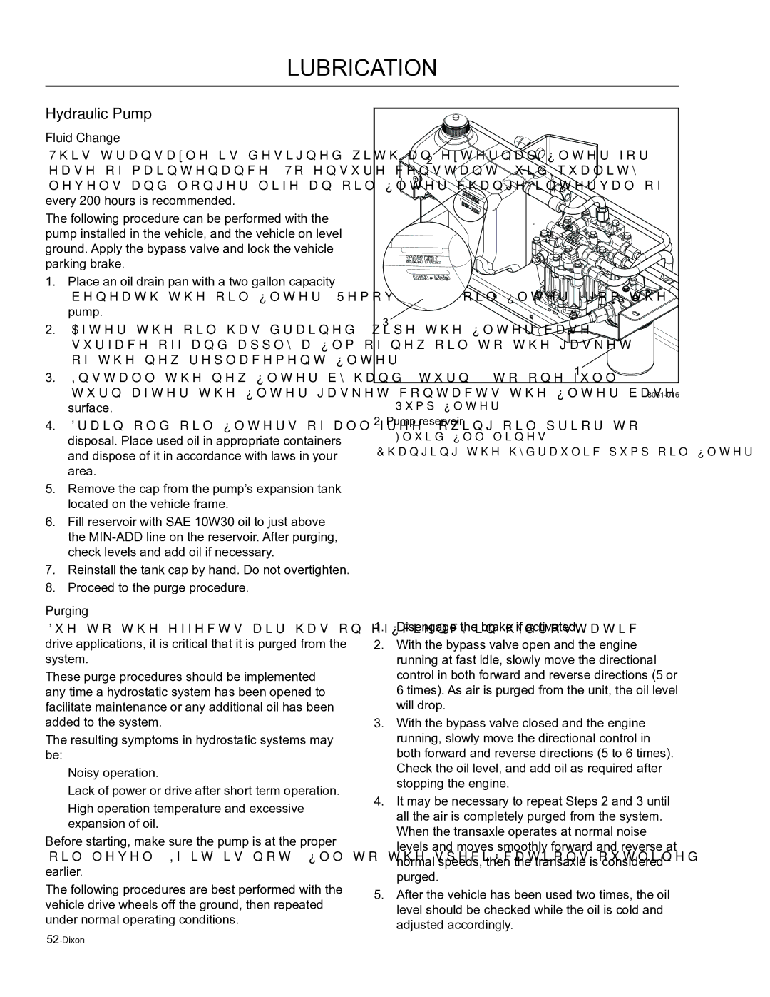 Dixon 965884601, SE 6125 KOH BF, SE 5223 VAN BF, 965884701, 965871801, 965871802 manual Hydraulic Pump, Fluid Change, Purging 