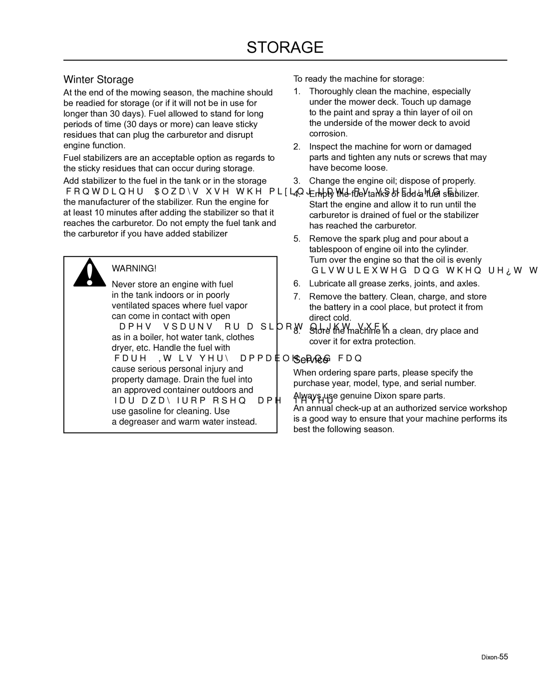 Dixon 965871802, SE 6125 KOH BF, SE 5223 VAN BF, 965884601, 965884701, 965871801 manual Winter Storage, Service 