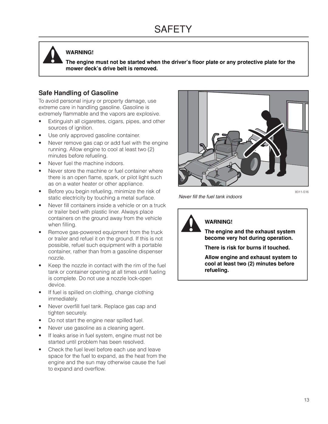 Dixon SPDZTR 30 BF, 966043101, 966064401 manual Safe Handling of Gasoline 