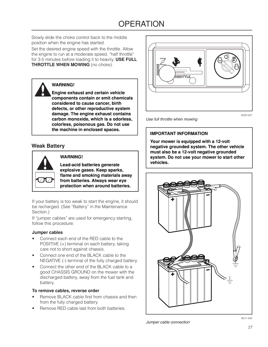 Dixon 966064401, SPDZTR 30 BF, 966043101 manual Weak Battery, Jumper cables, To remove cables, reverse order 