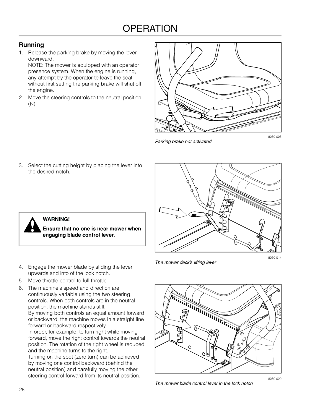 Dixon SPDZTR 30 BF, 966043101, 966064401 manual Running 