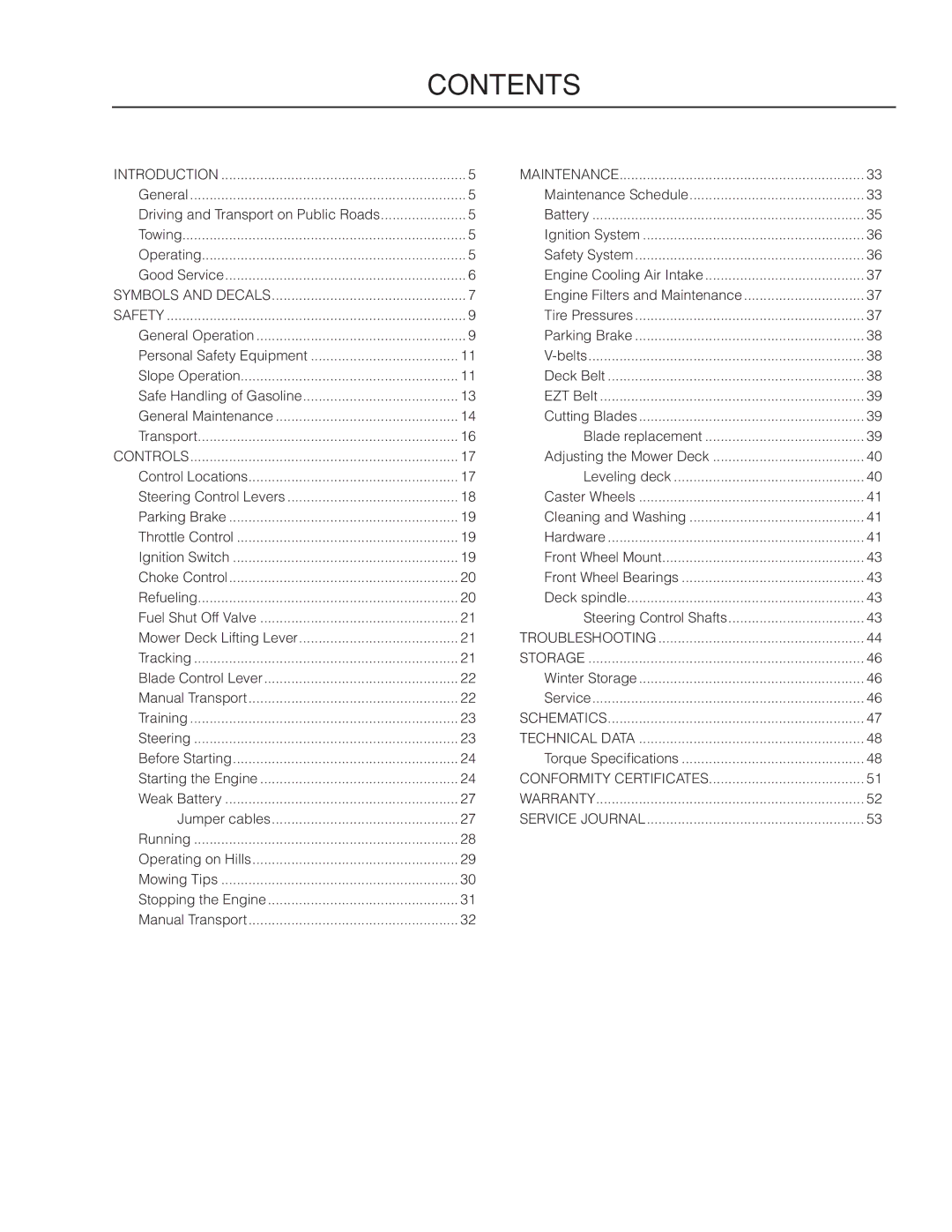 Dixon 966064401, SPDZTR 30 BF, 966043101 manual Contents 