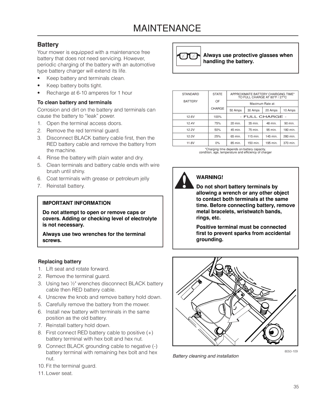 Dixon 966064401 manual Battery, To clean battery and terminals, Always use protective glasses when handling the battery 