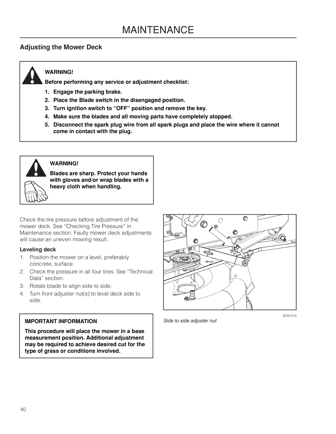 Dixon SPDZTR 30 BF, 966043101, 966064401 manual Adjusting the Mower Deck, Leveling deck 