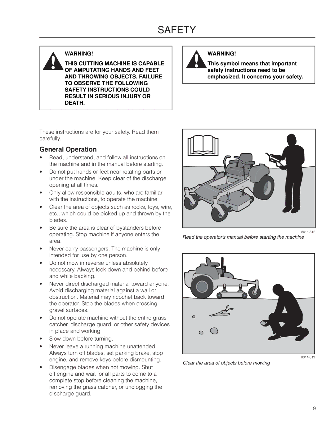 Dixon SPDZTR 30 BF, 966043101, 966064401 manual Safety, General Operation 